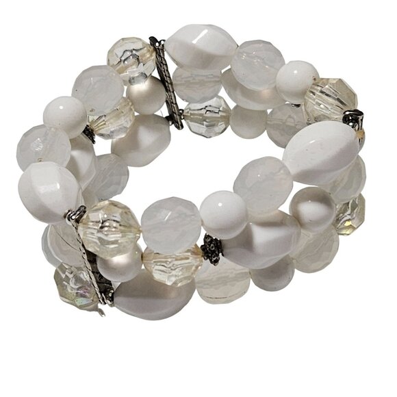 Vintage Beaded Stacked Stretch Bracelet White Clear Beads Retro Fashion Jewelry - Picture 1 of 4